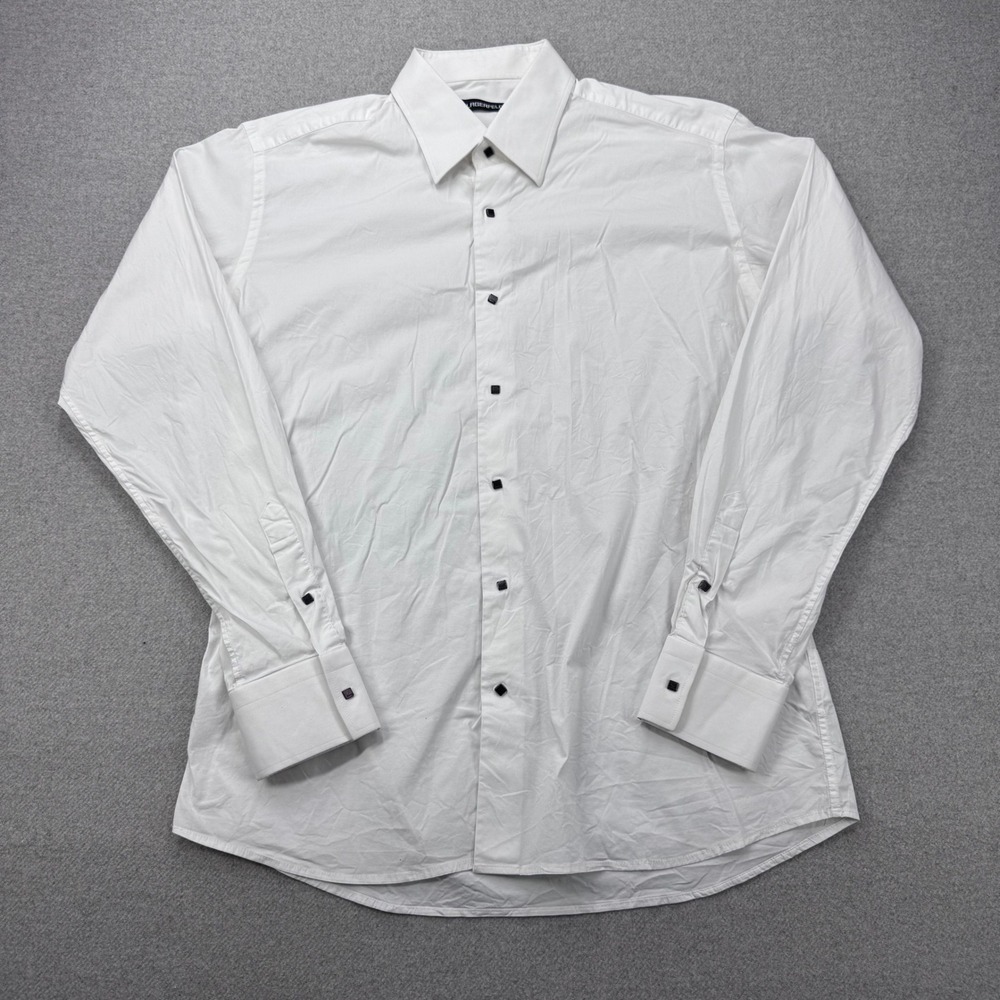 Lagerfeld Dress Shirt Men 42 White Long Sleeve Square Black Deco Button‎ Karl